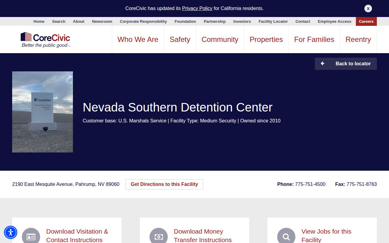 Nevada Southern Detention Center current CoreCivic facility and federal custody information