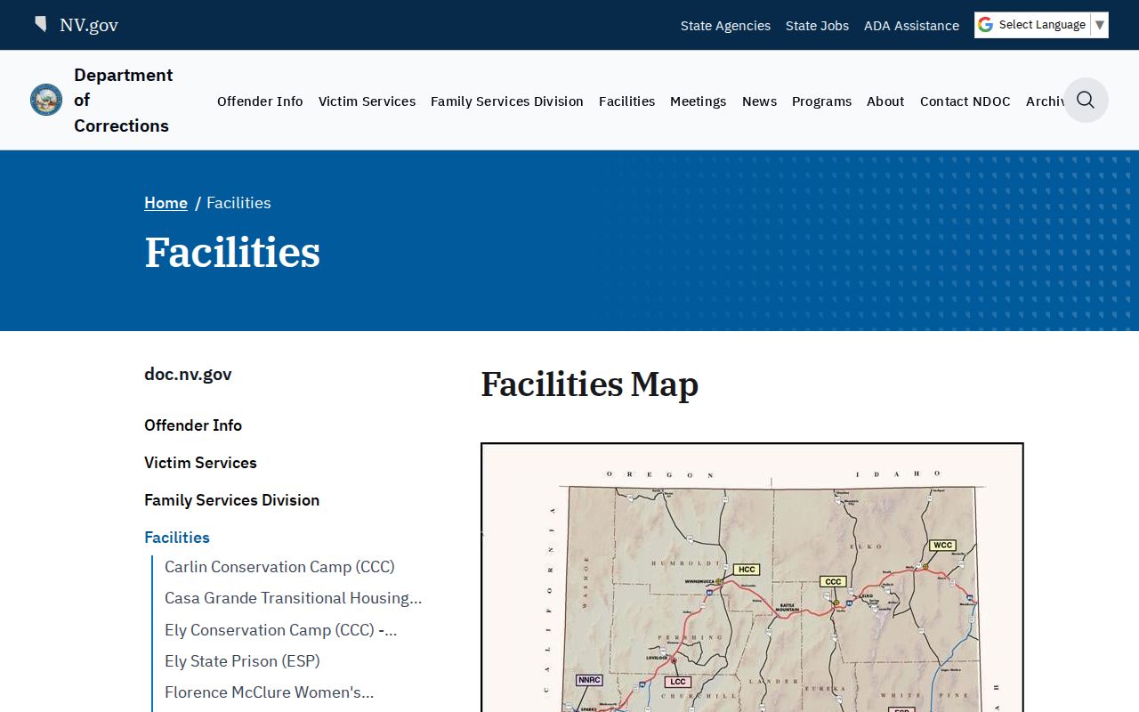 NDOC facility list showing Tonopah Conservation Camp shuttered and no current releases