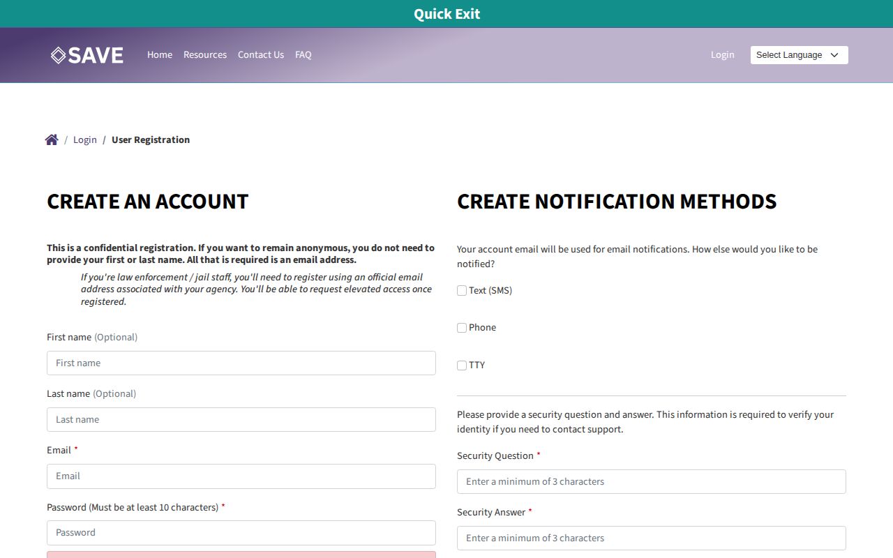 Nevada SAVE registration choices for email, SMS, phone, and TTY alerts